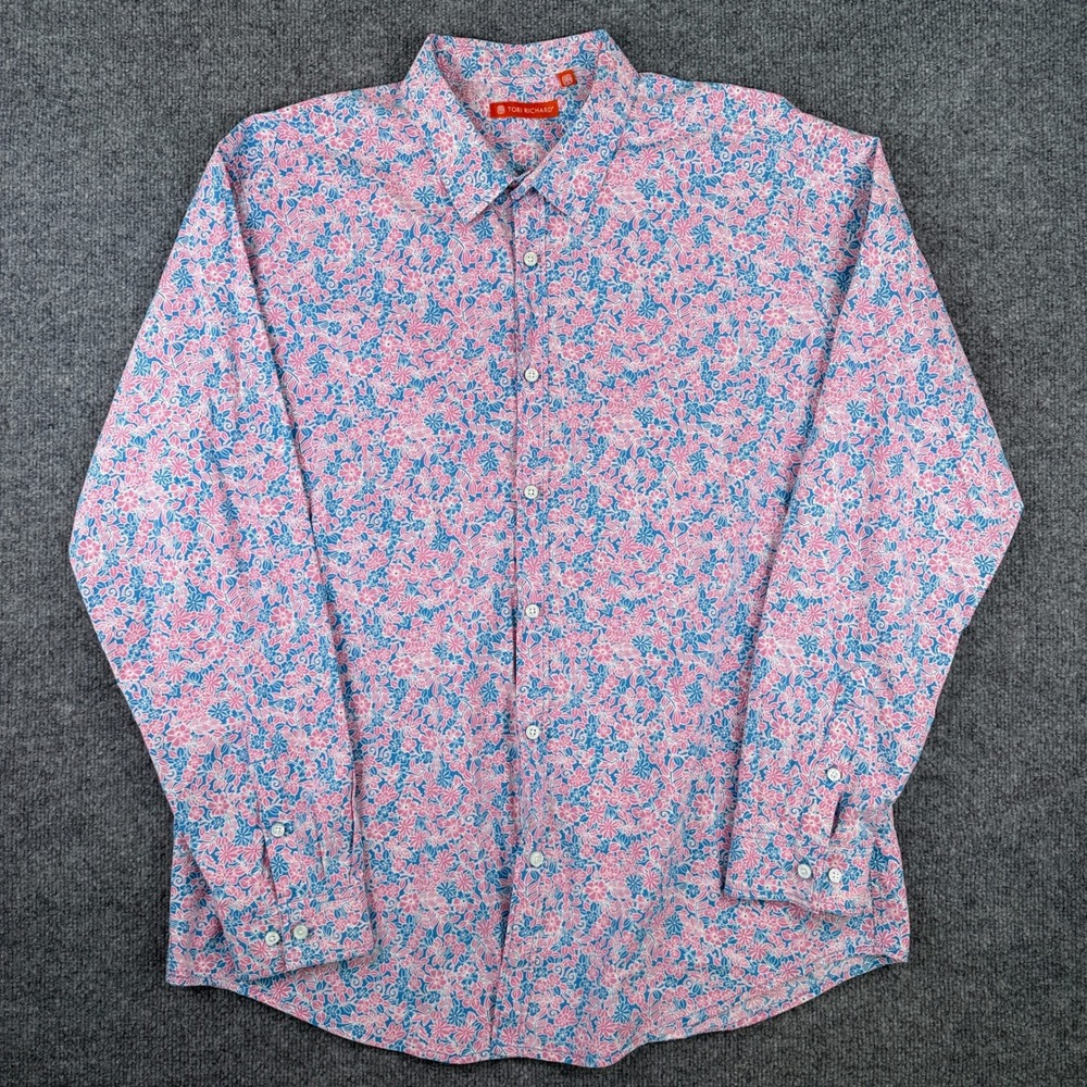 Tori Richard Shirt Mens XL Pink Blue Floral Long Sleeve Hawaiian Aloha Button
